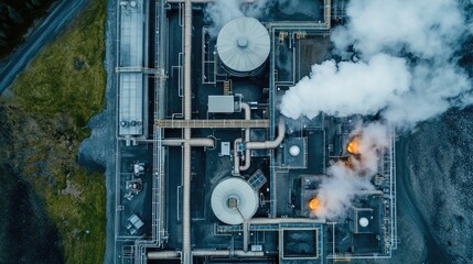 op-down shot of a sprawling power plant complex at sunrise, vibrant colors highlighting industrial architecture and clean energy production