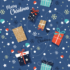 Seamless vector pattern with cute New Year gifts, snowflakes, stars on a blue background. Vector Christmas illustration. EPS 10