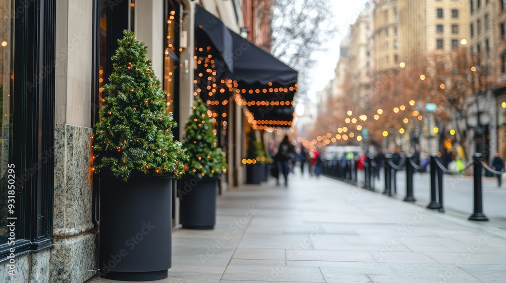 Aufkleber A street scene with a black awning and a row of potted trees. The trees are lit up with lights, creating a festive atmosphere. There are several people walking along the sidewalk