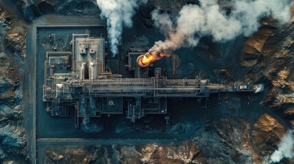 op-down shot of a sprawling power plant complex at sunrise, vibrant colors highlighting industrial architecture and clean energy production