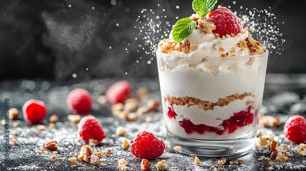Poster an elegant presentation of a modern ice cream dessert with a unique flavor combination, beautifully 