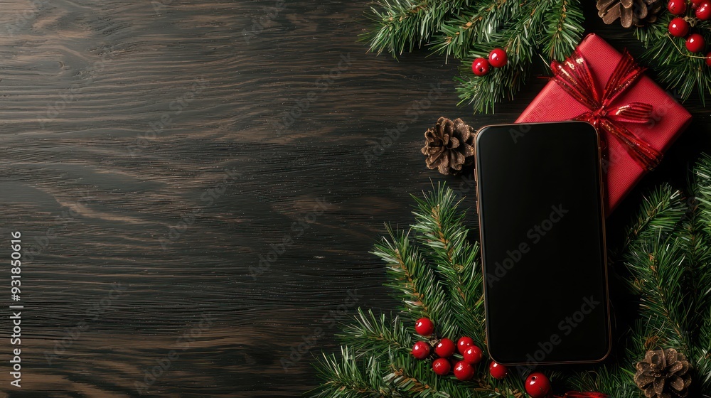 Poster A black cell phone sits on a wooden table with a red box and pine cones. The scene is set in a Christmas setting, with the phone and box as the main focus. Scene is festive and joyful