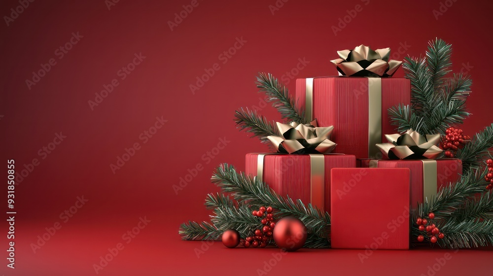 Poster a red box with a gold bow sits on top of three other red boxes. the boxes are decorated with green l