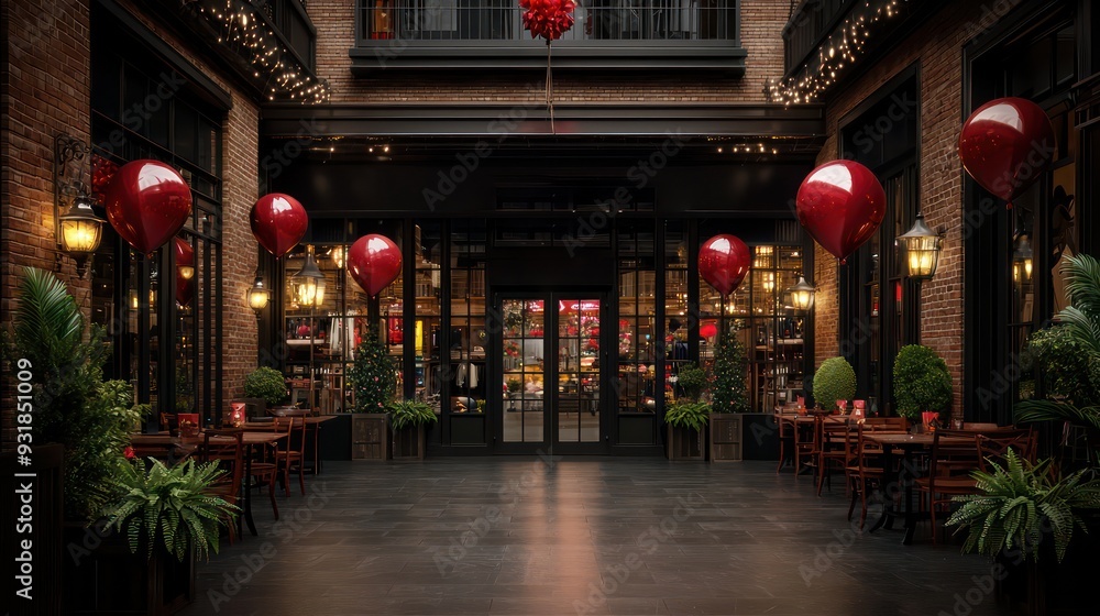 Poster a large room with red balloons and a red door. the balloons are hanging from the ceiling and the roo