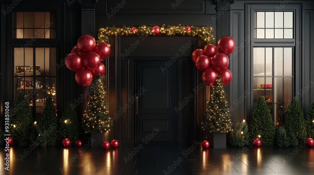 Poster a black door with red balloons and a christmas tree in front of it