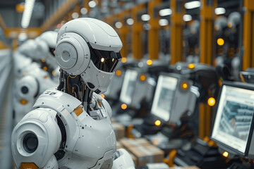 Fototapeta premium 'Humanoid robots in a futuristic warehouse'