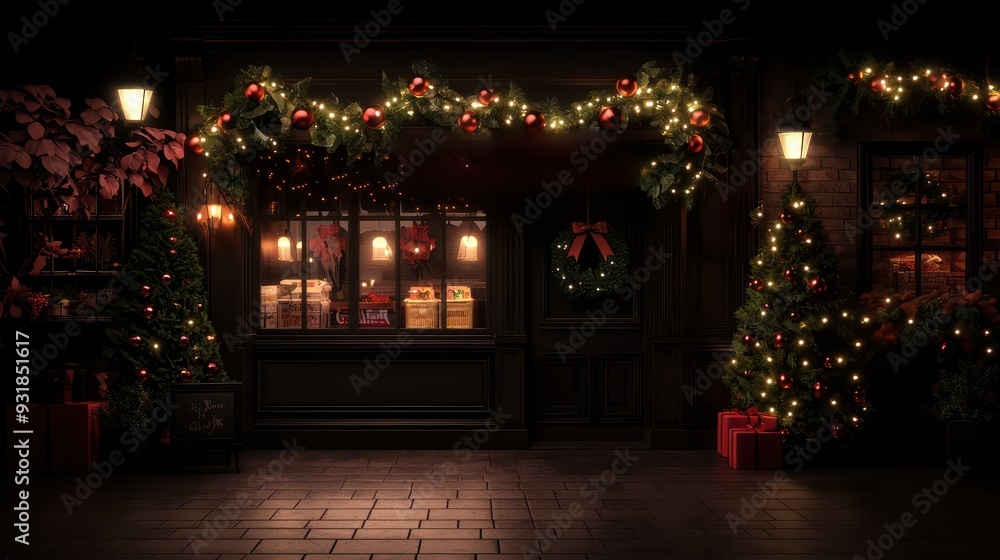 Aufkleber A Christmas store front with a wreath on the door and a Christmas tree in the window. The store is empty and the lights are on