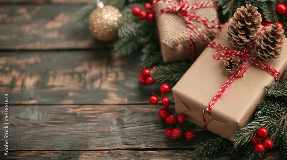Poster a brown box with red ribbon and pine cones on top of it. the box is on a wooden table