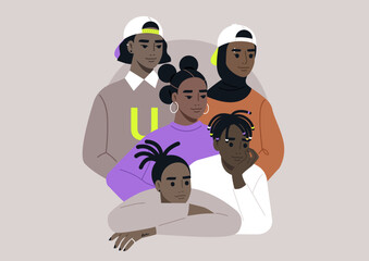 Five African teenagers bond closely, showcasing their unique styles and joyful spirit in a creative group portrait that captures friendship and youth in an artistic expression of connection