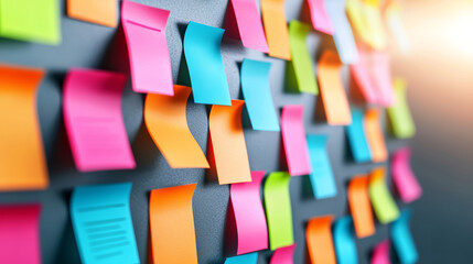 A creative pattern of colorful sticky notes on a gray wall, blending functionality with visual interest