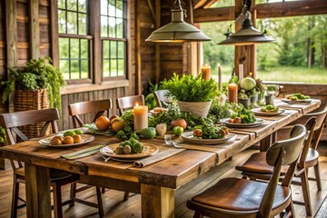 Obraz premium Rustic Farm Table: Natural, earthy, raw woods, muted greens and browns, farmhouse decor