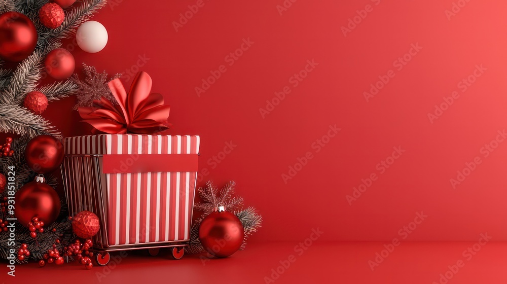 Poster A red and white striped box with a red bow sits on a red background