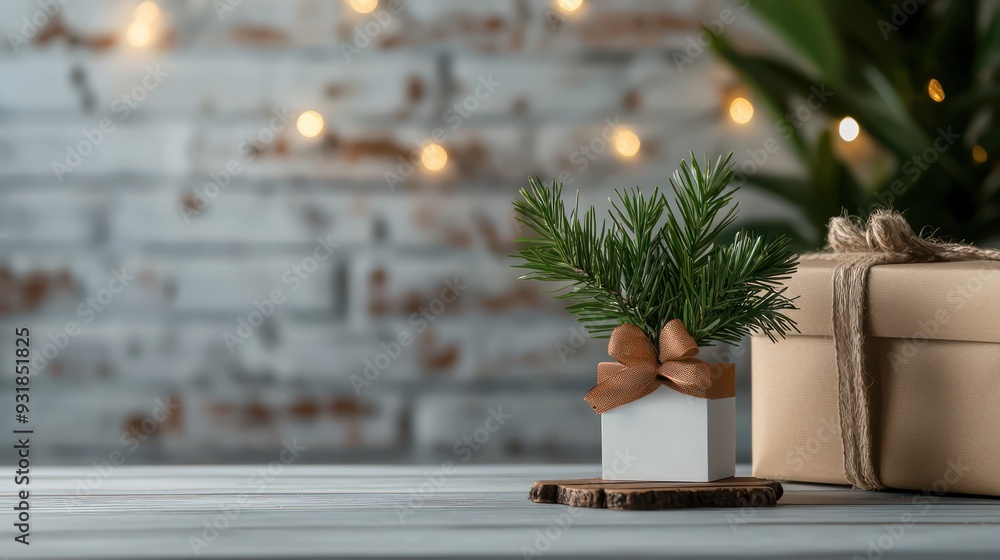 Poster a christmas tree with a white box and a brown bow on top of it. the box is wrapped in brown paper an