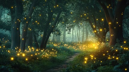 Obraz premium Enchanted Forest Path Illuminated by Fireflies