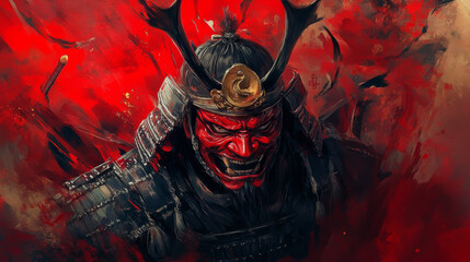 Artwork illustration of a Japanese samurai warrior wearing a red mask, possessed by an Oni demon.