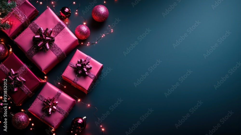 Poster A blue background with a bunch of red boxes and balls. The boxes are wrapped in pink ribbon and the balls are shiny and metallic. The image conveys a festive and joyful mood