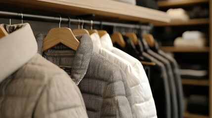 Obraz premium A rack of clothes with a white jacket hanging on the left and a black jacket hanging on the right