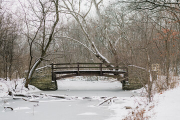 Bridge in Winter over a Frozen Lake