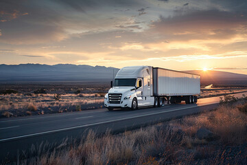 White semi-truck delivers freight at sunset