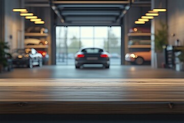 Empty wooden table with car garages background