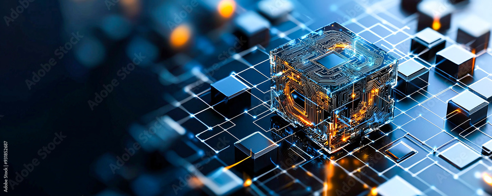 Poster intricate blockchain visualization showcasing connected blocks in a futuristic setting