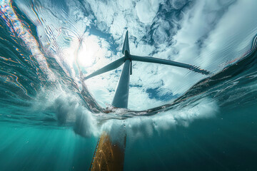 Underwater view of an offshore wind turbine