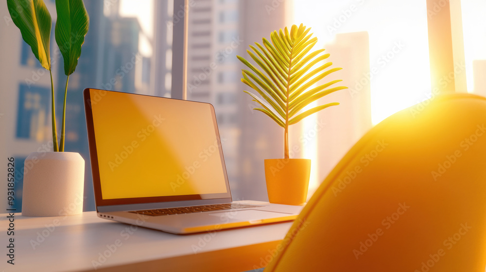 Canvas Prints A laptop computer sitting on a desk with plants in the background, AI