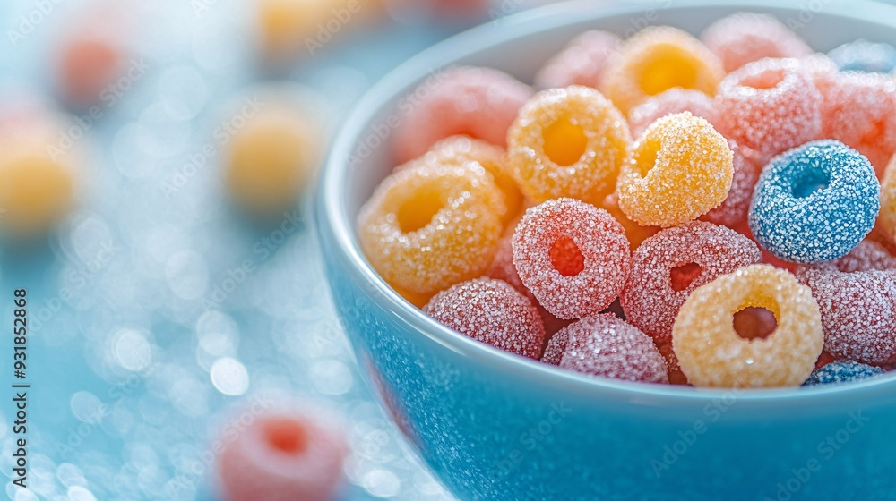 Poster a high-end image of a bowl of sugary cereals with a focus on the sparkling sugar coating and bright 