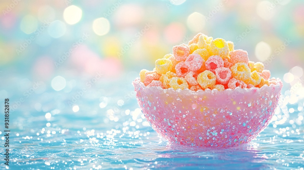 Poster a high-end image of a bowl of sugary cereals with a focus on the sparkling sugar coating and bright 