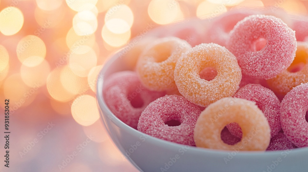 Poster a high-end image of a bowl of sugary cereals with a focus on the sparkling sugar coating and bright 