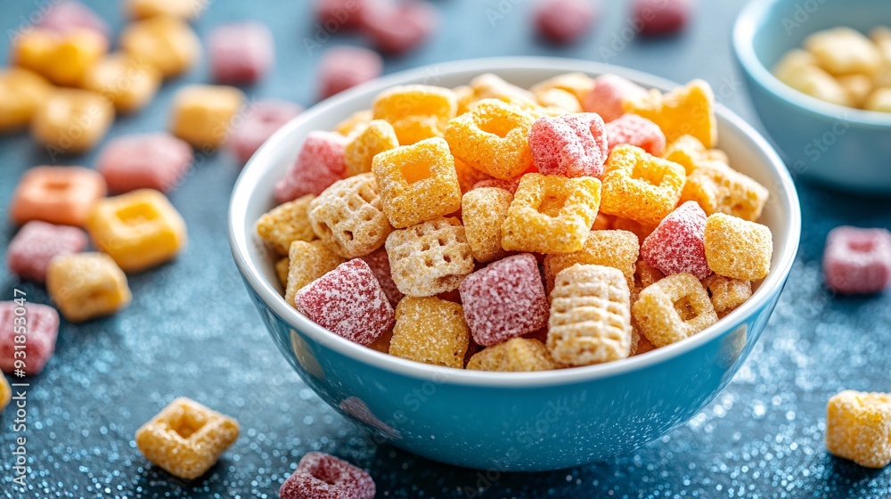 Poster a high-end image of a bowl of sugary cereals with a focus on the sparkling sugar coating and bright 