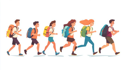 Back to school, college, or university. Vector illustration of schoolchildren and students running towards their studies. Ideal for a poster, cover, or banner, featuring teenagers for the background.