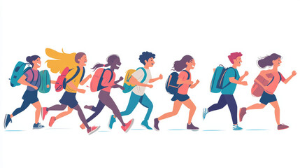 Back to school, college, or university. Vector illustration of schoolchildren and students running towards their studies. Ideal for a poster, cover, or banner, featuring teenagers for the background.