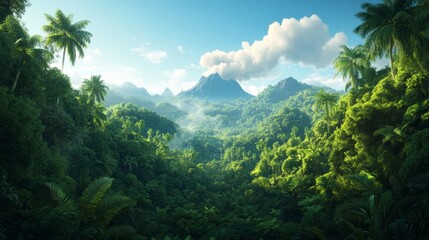 Obraz premium A prehistoric landscape featuring a dense jungle with towering ferns, palm trees, and volcanic mountains in the distance, with smoke rising from a distant volcano