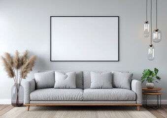 empty rectangle frame mockup in white, placed on the wall of a living room with a sofa and coffee table