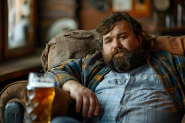 Obraz premium Relaxing in Comfort: A Man Enjoys a Beer in a Cozy Setting