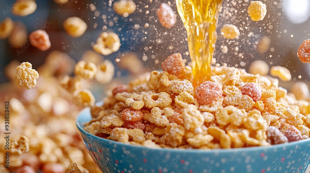 Poster a close-up of a cereal box being poured into a bowl of sugary cereals, with dynamic movement and vib