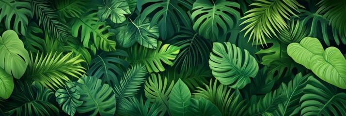 Fototapeta premium A vector design of a jungle scene with dense vegetation, hanging vines, and tropical leaves, all drawn in a detailed, realistic style with rich green colors and a sense of depth and texture