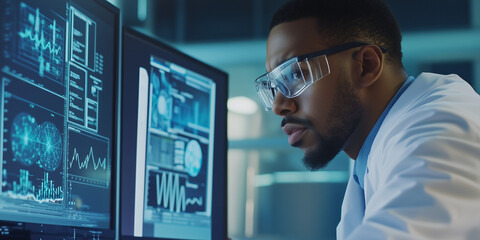 A black african american male doctor in a lab coat, wearing glasses, reviewing data on a computer -  examining health data, hospital personnel, medical professional, medical career