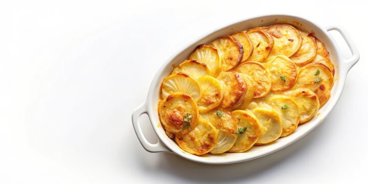 Gratinado de papas en una fuente ovalada, con una capa superior dorada y ligeramente gratinada. Un plato cl&aacute;sico de acompa&ntilde;amiento perfecto para cualquier comida.