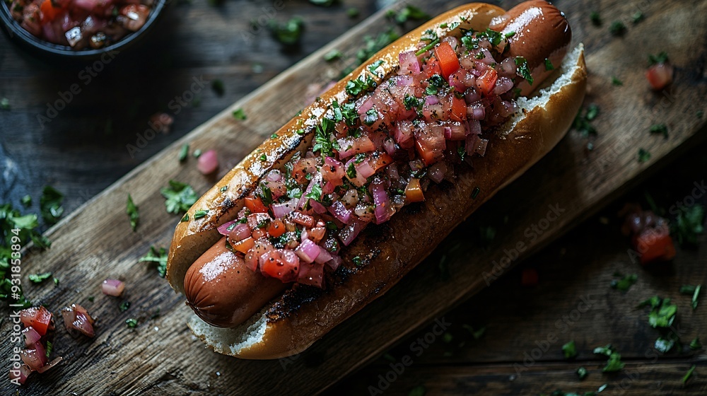 Aufkleber a sophisticated image of a hot dog on a sleek cutting board with garnishes such as finely chopped on