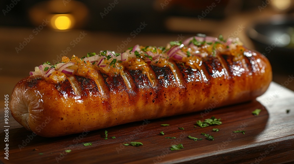 Poster a sophisticated image of a hot dog on a sleek cutting board with garnishes such as finely chopped on
