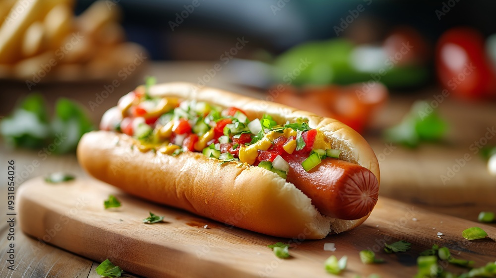 Poster a sophisticated image of a hot dog on a sleek cutting board with garnishes such as finely chopped on