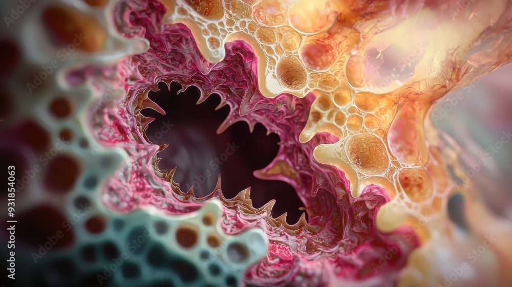 Poster intricate abstract design with vibrant colors showcasing an organic pattern, resembling cellular str