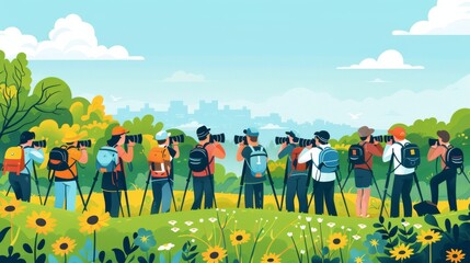 Colorful World Photography Day cartoon vector illustration featuring a diverse group of photographers taking pictures in a scenic park with various cameras and equipment