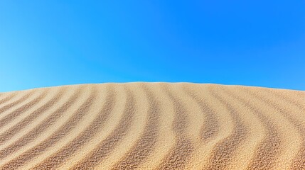 Fototapeta premium A brown sand dune stretching out under a clear blue sky, with ripples from the wind