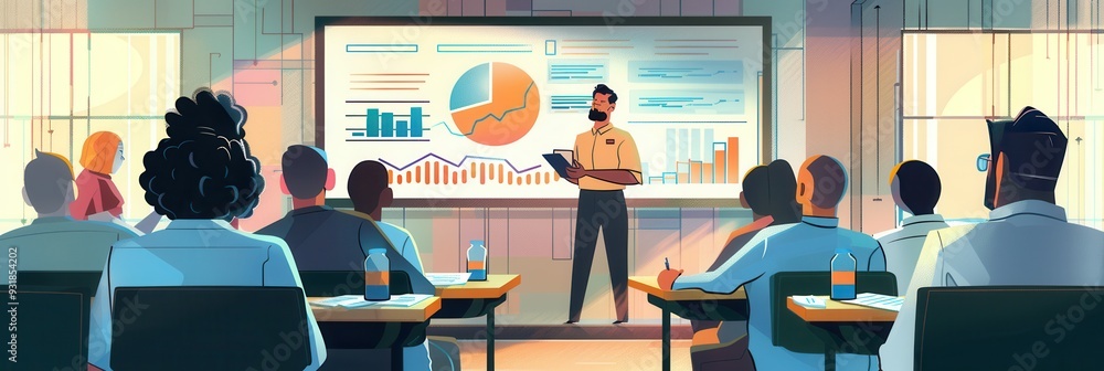 Poster a professional is presenting financial insights in a contemporary conference room while the audience