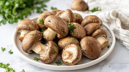 A clean and modern presentation of shiitake mushrooms on a white plate, with a simple napkin beside