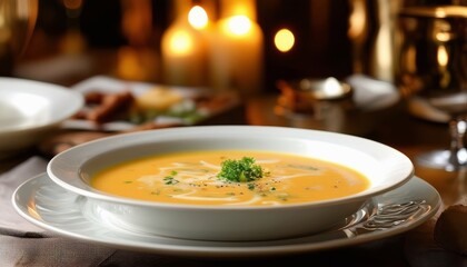 Sopa de calabaza cremosa servida en un elegante restaurante con iluminación tenue y velas. Un plato sofisticado y reconfortante, perfecto para una cena especial en otoño.