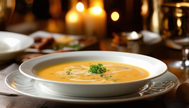 Sopa de calabaza cremosa servida en un elegante restaurante con iluminaci&oacute;n tenue y velas. Un plato sofisticado y reconfortante, perfecto para una cena especial en oto&ntilde;o.